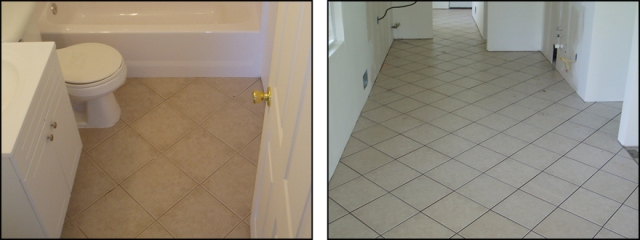 LEFT: New tub, tile floor, cabinet. RIGHT: Tile floor in kitchen before cabinets installed. 