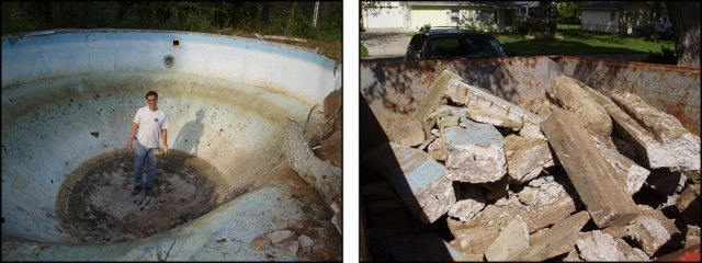LEFT: 9-1/2 foot deep pool that needs removed. RIGHT: Dumpster full of pool pieces.